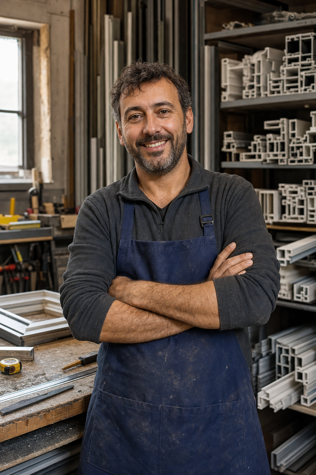 Marco Rinaldi nella sua officina a Lodi con campioni di profili per infissi