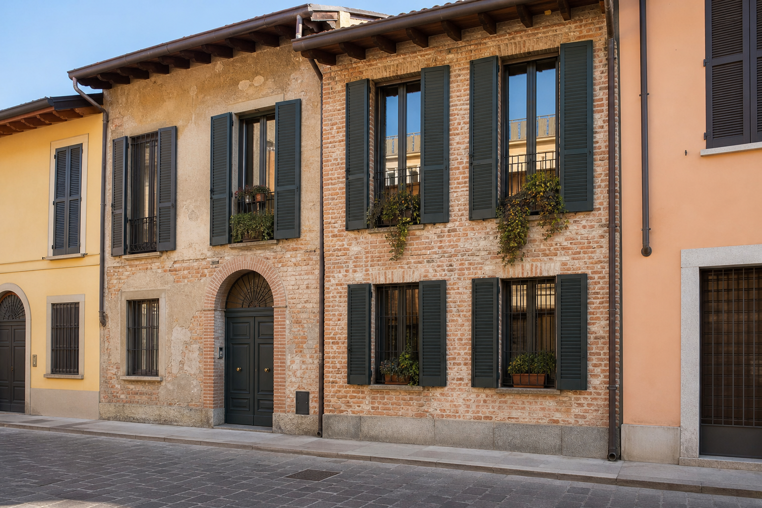 Facciata di una casa a Lodi con persiane in alluminio antracite su finestre in mattoni